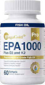 Pro Fish Oil EPA 1000mg Omega 3 with Vitamins D3 & K2 - Omega 3 Fatty Acid Supplements, Burpless Fish Oil Capsules for Men and Women - 60 Count Mini Softgels