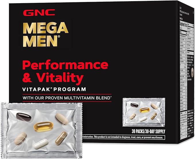 GNC Mega Men Performance and Vitality Vitapak Program, Convenient Complete Nutrition, 5 Products in 1 Packet, Circulation, Blood Flow, Prostate Health, Stronger Drive, 30 Packs