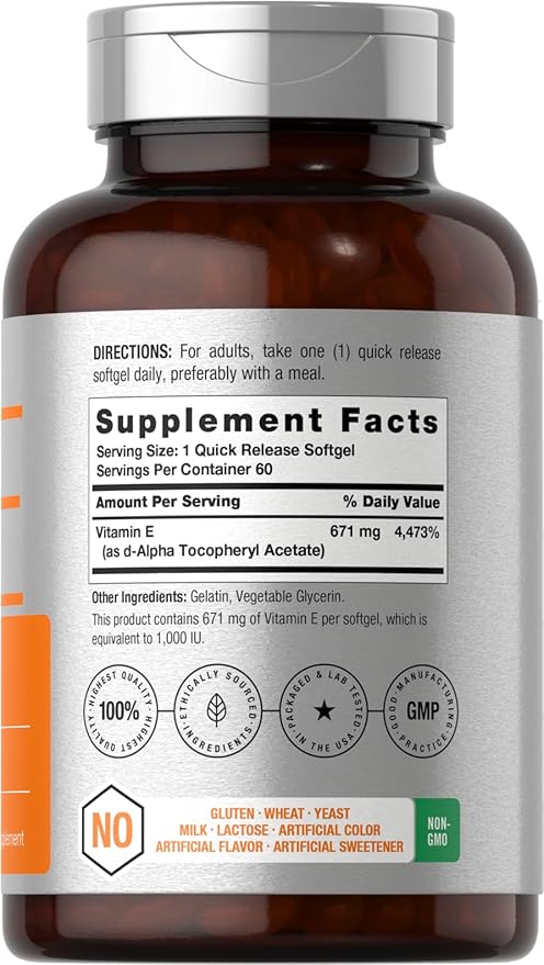 Horbäach Vitamin E 1000 iu Softgels | 671mg | 60 Count | Non-GMO and Gluten Free Naturally-Sourced Formula | D-Alpha Tocopherol