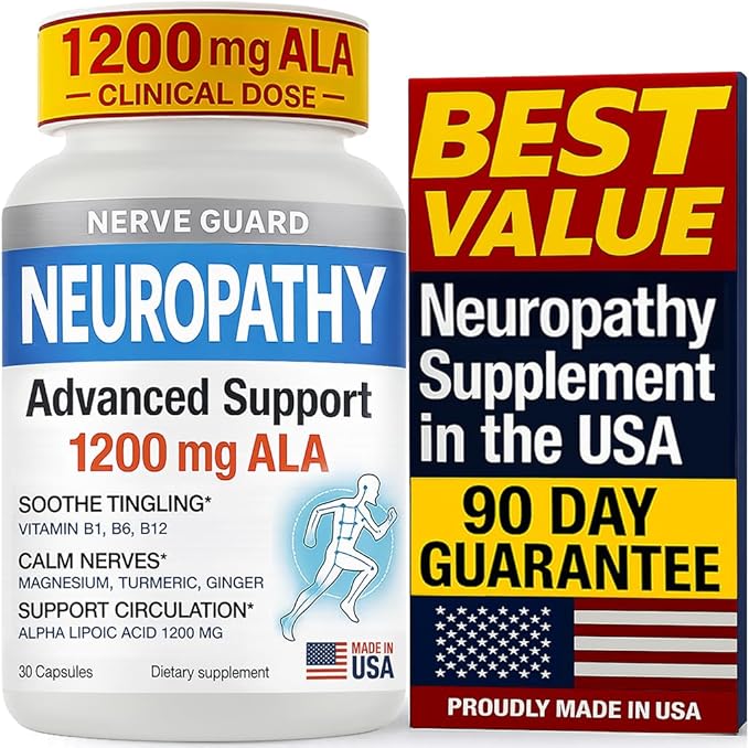 Neuropathy Support Supplement with 1200 mg Alpha Lipoic Acid to Fortify Nerves in Fingers Hands Toes & Feet – 1200mg ALA, Vitamins B12 B6 & B1, Magnesium – 30 Capsules
