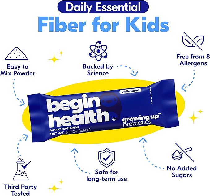 Begin Health Growing Up Prebiotics for Kids 84-Packs | Prebiotic Soluble Powder Stool Softeners and Digestive Gut Health Supplement | Ideal to Mix with Kids Daily Beverages and Soft Foods - Unflavored
