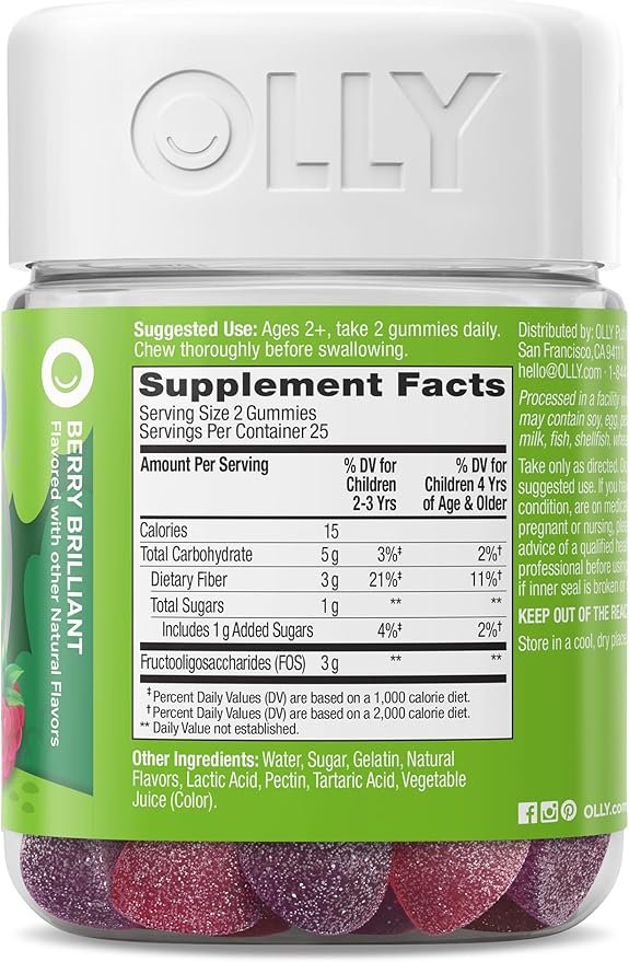 OLLY Kids Friendly Fiber Gummy, Digestion Support,* 3g Prebiotic Fiber FOS, Kids Chewable Supplement, Berry Brilliant Flavored, 25 Day Supply - 50 Count
