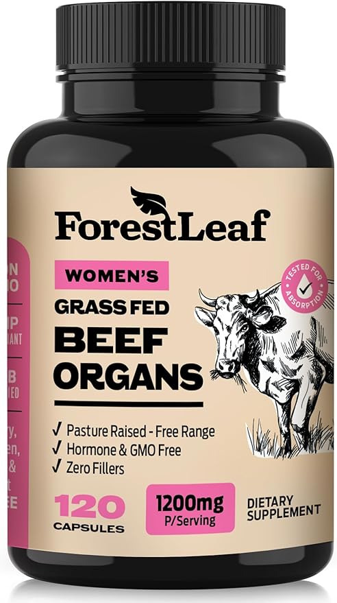 ForestLeaf Beef Organ Supplement for Women - Zero Fillers, Grass Fed Beef Organs Complex - 1200mg per Serving - Support Women's Energy & Overall Health - 120 Capsules