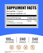 BulkSupplements.com Potassium Chloride Capsules - Mineral Supplement - Gluten Free, 105mg of Potassium, 1 Capsule per Serving, 240 Capsules (Pack of 1)