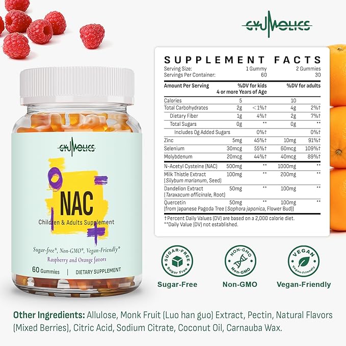 NAC Supplement 1000mg for Adults & 500mg for Kids, N-Acetyl Cysteine Supplement Gummies, Synergistic Antioxidant, Vegan, Sugar-Free 60 Gummies