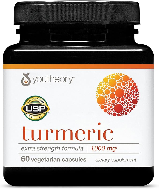 Youtheory Turmeric Extra Strength - 1,000 mg - Supports Brain, Muscle & Joint Health* - Contains Bioenhancers, Curcuminoids & Herbal Extracts - USP Verified - 60 Vegetarian Capsules (30-Day Supply)