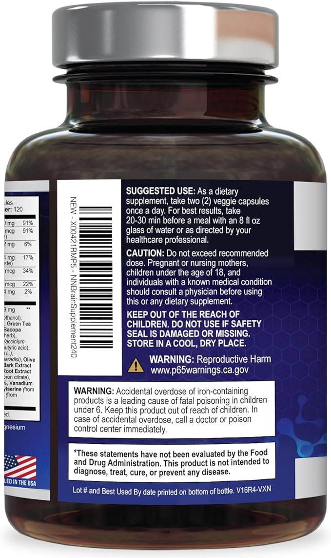 Brain Memory Supplement Pills - 3X Strength Nootropics for Concentration, Clarity & Focus Support - Brain Health Cognitive Vitamins with Bacopa, Phosphatidylserine & DMAE, Brain Booster - 240 Capsules