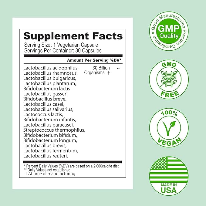 ASULABS® Formula Probiotica Avanzada con 18 Cepas Probioticas Clinicamente Seleccionadas para ayudar a eliminar Los malestares digestivos. para Hombres y Mujeres. Capsulas Vegetarianas.