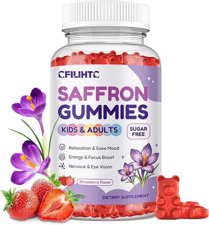 Saffron Gummies for Kids & Adults, 20-in-1 Saffron Supplements with 88.5mg Saffron Extract, B6, B12, C, D3, Magnesium for Calm, Focus, Nerve, Sugar Free, Vegan, Non-GMO - Strawberry Flavor, 60 Counts