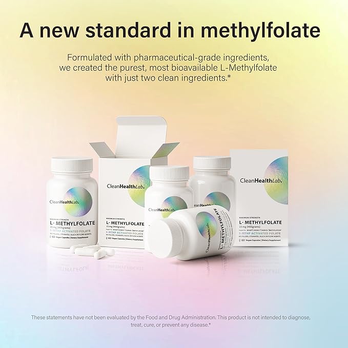 CleanHealthLab L-Methylfolate 15mg, 5-MTHF Active Folate - Maximum Potency Methylated Vitamin B9 Supplement - Support for Brain Health, Energy, Nerves, and Methylation with No Fillers (60 Count)