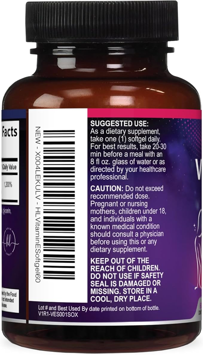 Vitamin E - 180 mg per Serving - Powerful Hair & Skin Support Supplement - dl-Alpha VitaminE Immune Health Support with Antioxidants - Easily Absorbed GMO & Gluten Free, Bottled in USA - 60 Softgels