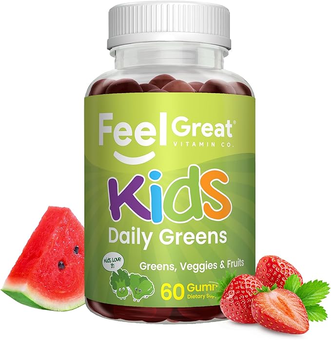 Feel Great Super Green Gummies for Kids | Fruit and Vegetable Gummies | Vegan Veggie Gummy Multivitamin for Kids | Veggie Fiber Supplement | 60 Count