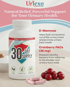 Uriexo Double Action Support Cranberry Pills - Urinary Tract Health Supplement with 36mg Proanthocyanidins PACs & 2000mg D-Mannose, Capsules for Men & Women, Non-Antibiotic Formula, 30 Day Supply