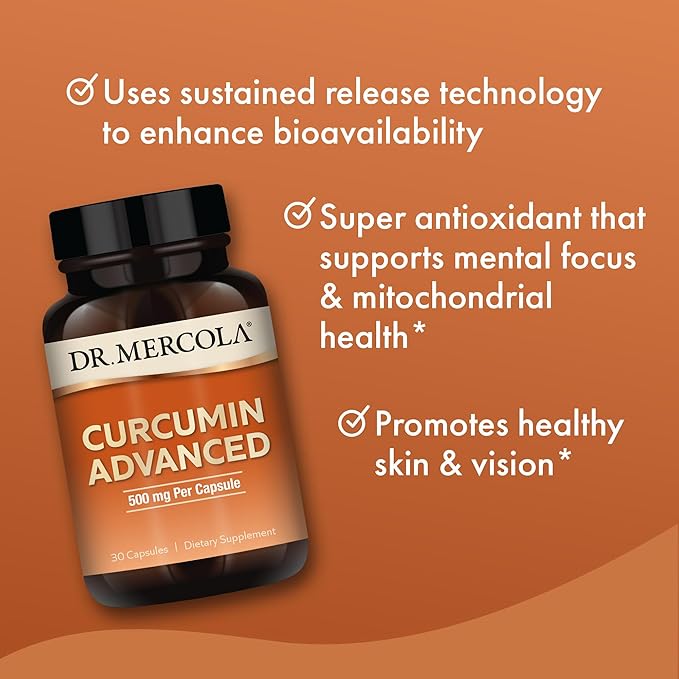 Dr. Mercola Curcumin Advanced - 500 mg Curcumin Root Extract - 95% Curcuminoids - For Vision Health, Digestion & Focus - Sustained Release - Non-GMO, Gluten-Free & Soy-Free - 30 Capsules (30 Servings)