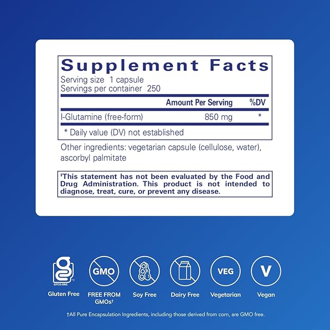 Pure Encapsulations L-Glutamine 850 mg | Supplement for Immune and Digestive Support, Gut Health and Lining Repair, Metabolism Boost, and Muscle Support* | 250 Capsules