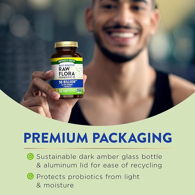 Raw Flora Probiotics with Prebiotics | 50 Billion CFU | 33 Daily Digestive Capsules | Vegan, Non-GMO & Gluten Free Supplement for Women and Men