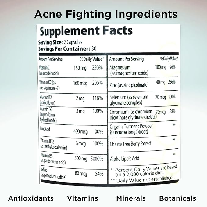 Clear Skin Acne Vitamins Capsules | Complexion Supplements with Pantothenic Acid B5, Zinc Picolinate, Vitex Chasteberry | 60 Count