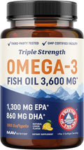 Triple Strength Omega 3 Fish Oil 3600 mg | EPA & DHA | Over 2100mg Omega-3 Fatty Acids | 1300mg EPA + 860mg DHA | Best Essential Fatty Acids | Premium Wild Caught & Burpless Fish Oil | 180 Ct