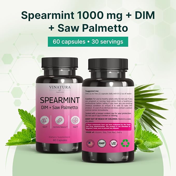VINATURA Spearmint Leaf Capsules Supplement - Enhanced with DIM & Saw Palmetto, for Unwanted Hair, Women' Health & Skin *USA Made & Tested* - 1380mg/serving, 60 Capsules (30 Servings)