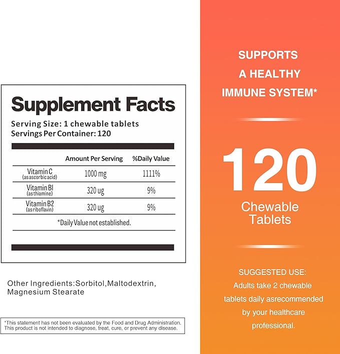 1000mg Vitamin C, 120 Chewable Tablets, 60 Day Supply, Supplement for Immune Support, Gluten-Free, Orange Flavor, 2 Pack