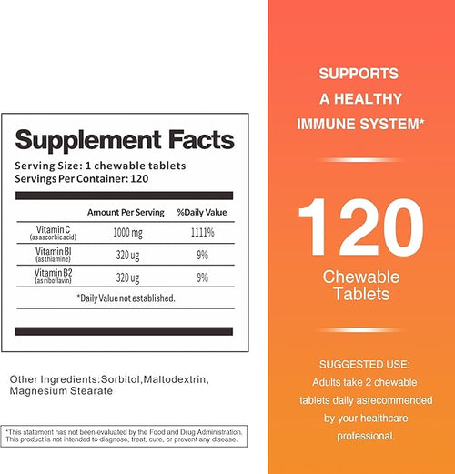 1000mg Vitamin C, 120 Chewable Tablets, 60 Day Supply, Supplement for Immune Support, Gluten-Free, Orange Flavor, 2 Pack