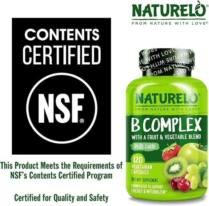 NATURELO Vitamin B Complex,120 Capsules, Vegan, CoQ10, Methyl Folate, Biotin, Fruit & Veg Blend, Supports Energy and Healthy Stress Response, Super B Complex Vitamins for Women and Men