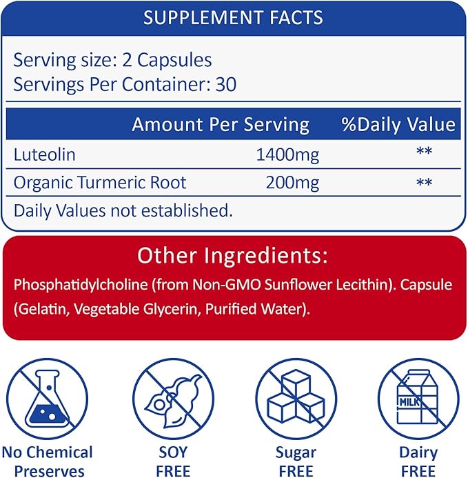 1400MG Liposomal Luteolin Supplement, Maximum Absorption, Potent Flavonoid Premium Antioxidant Supplement for The Brain 180 Capsules