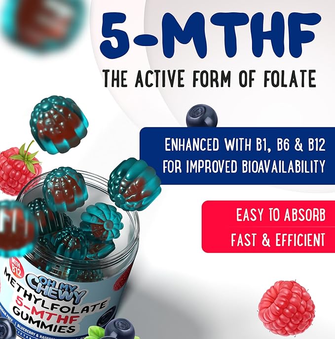 OH MY CHEWY Center-Filled 5-MTHF Folate L-Methylfolate Gummies - Sugar-Free MTHFR Vitamins B Complex Support with Methylated B1, B6 and B12 Cofactor - Mood, Behavior, Cognition - 60 Count