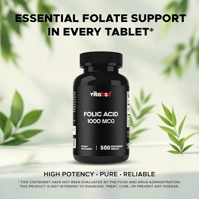Folic Acid 1 mg (1000 mcg) (Vitamin B9) - 500 Vegetarian Tablets - an Essential Prenatal and Postnatal Vitamin