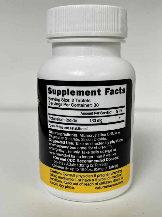 Potassium Iodide Tablets 130 mg - (60 Tablets) 10 Year Shelf-Life EXP 2034 to 2035 - Ki Pills - Yoduro de potasio - Nutri Supplements - 3rd Party Tested - NSF cGMP Certified Facility - Shelf Stable