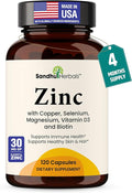 Zinc 30mg With Copper, Selenium & Vitamin D3 | 120 Capsules | Magnesium, Vitamin B6, Biotin | Absorbable Zink Supplements for Men & Women | Chelated Zinc for Immune Health, Skin, Hair, & Nails Support