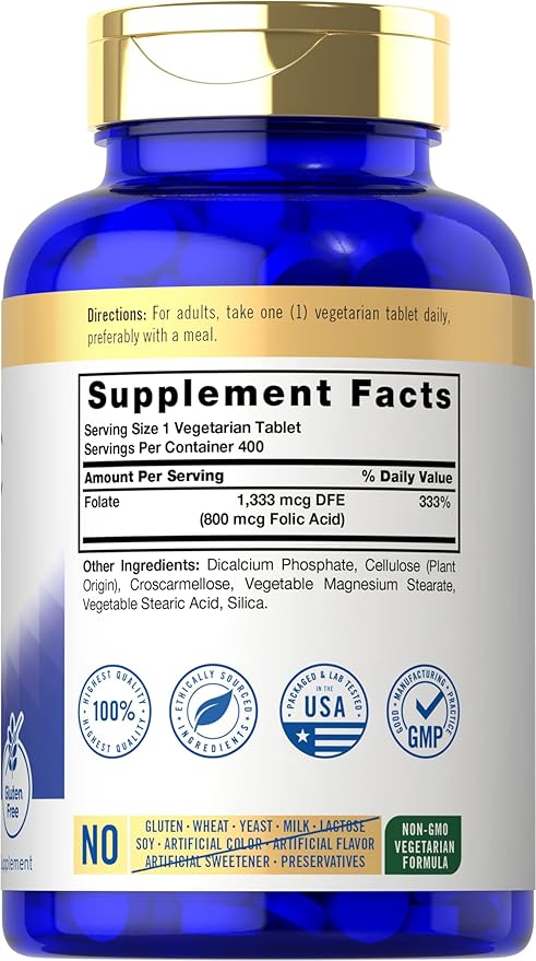 Carlyle Folic Acid 800 Mcg Tablets | 400 Count | Vegetarian, Non-GMO, Gluten Free Supplement