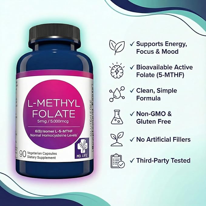 MD Life L-Methylfolate 5mg - Professional-Grade Active Methylfolate Supplement - Maximum Potency MTHFR Supplements - L methylfolate 5mg 90 Capsules - Essential Amino Acids