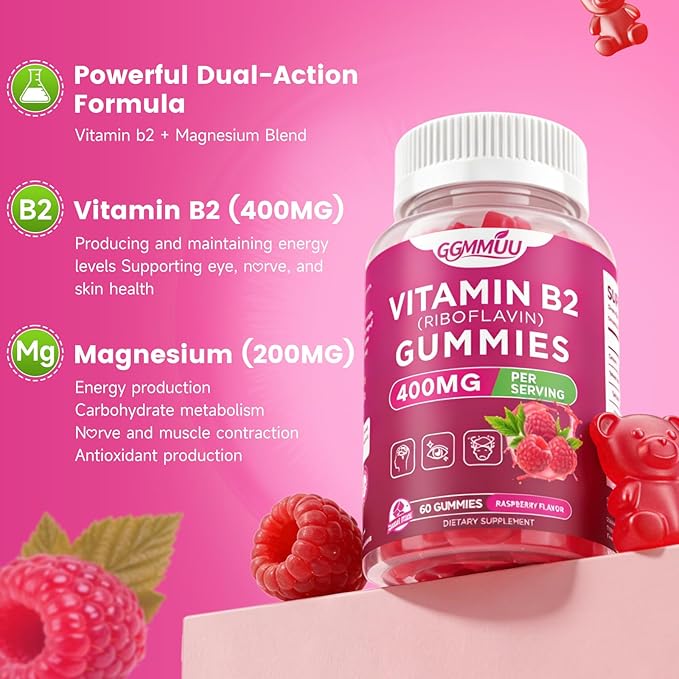 Vitamin B2 Gummies Riboflavin 400mg Supplement with Magnesium for Kids & Adults B2 Gummies for Nervous System Support & Skin Health, Sugar-Free, Raspberry Flavor, 60 Count
