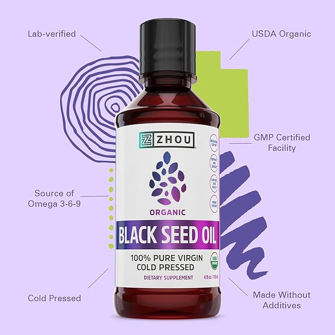 ZHOU Organic Black Seed Oil - Black Cumin Seed Oil Cold Pressed, Nigella Sativa, Pure Unrefined Blackseed Liquid, Premium Supplement for Health with Thymoquinone, Omega 3 6 9-4 Fl Oz (Pack of 1)