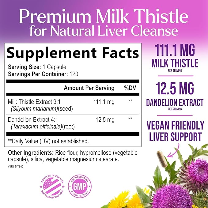 Milk Thistle Extract - Liver Cleanse Detox & Repair Formula - Natural Milk Thistle with Silymarin Marianum & Dandelion Extract - Natural Herbal Liver Health Supplement - Made in USA - 60 Capsules