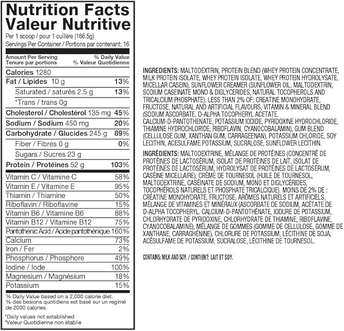 Dymatize Super Mass Gainer Protein Powder, Rich Chocolate, 52g Protein, 1g Creatine, 1280 Calories, 10.7g BCAAs, 245g Carbs, Contains Whey Protein Powder, Isolate, and Casein (16 Servings)