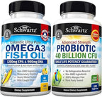 Triple Strength Omega 3 Fish Oil Softgels (2 Month Supply) Plus 40 Billion CFU Daily Probiotic Supplement (2 Month Supply)
