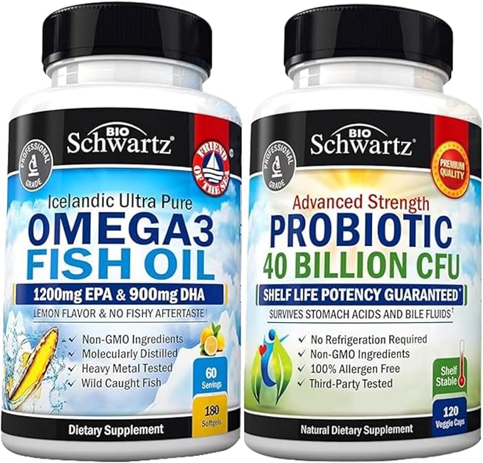 Triple Strength Omega 3 Fish Oil Softgels (2 Month Supply) Plus 40 Billion CFU Daily Probiotic Supplement (2 Month Supply)