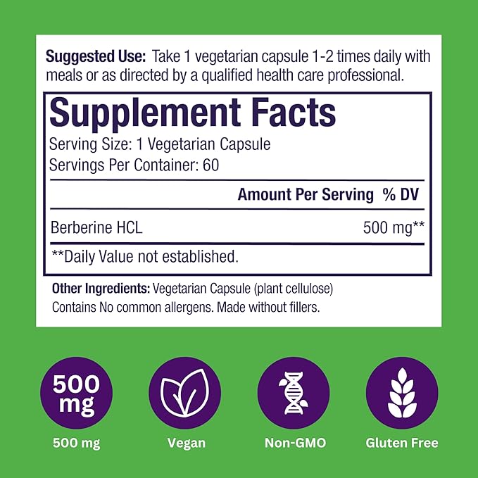 Paradise Herbs, Berberine Extract, 500 mg, Pure & Potent Berberine Supplement, Vegan, Non-GMO, Gluten Free, 60 Vegetarian Capsules (Pack of 2)