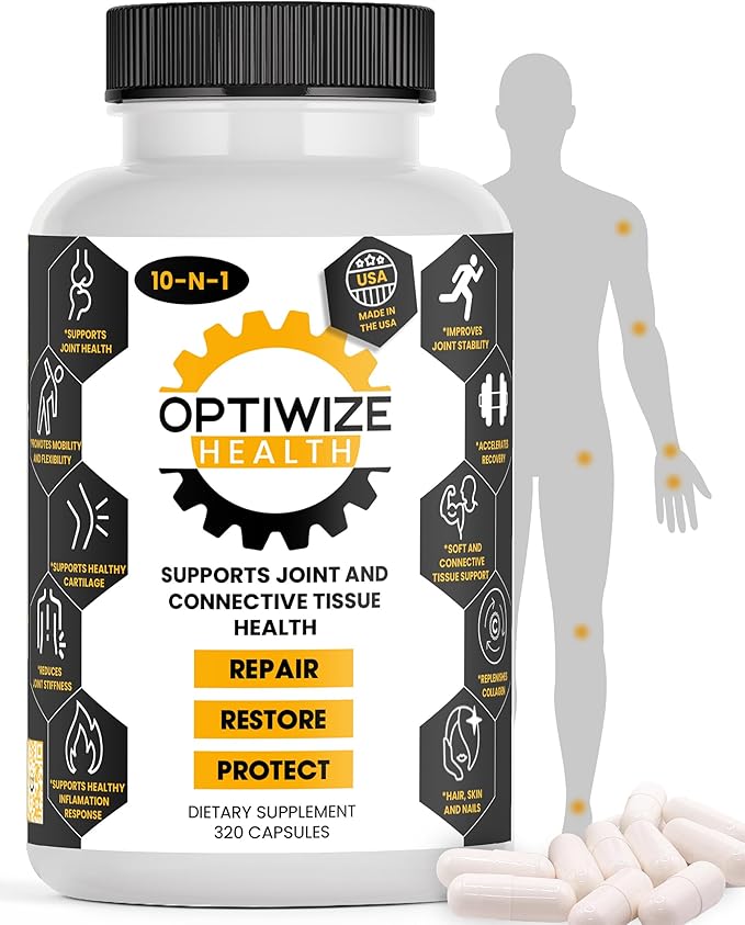 10-N-1 Joint Support Hydrolyzed Collagen,MSM, Hyaluronic Acid, Glucosamine,Chondroitin & More- Targets Joint Discomfort, Improves Mobility & Flexibility 320 Caps for Men & Women Made in USA