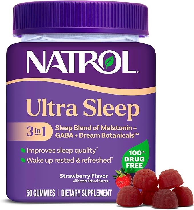 Natrol Ultra Sleep 3-in-1 100% Drug-Free Sleep Aid Blend with Melatonin, GABA & Botanicals, Dietary Supplement, Non-Habit Forming, 50 Gummies