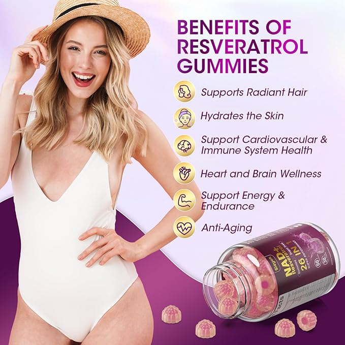 NAD Resveratrol Gummies, NAD Supplements for Women with Hydrolyzed Collagen, Grape Seed, and D-Biotin Support Antioxidant Action, Anti-Aging, Cell Regeneration & Energy, Sugar-Free, 60 Gummies