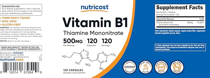 Nutricost Vitamin B1 (Thiamine) 500mg, 120 Capsules (Pack of 2)