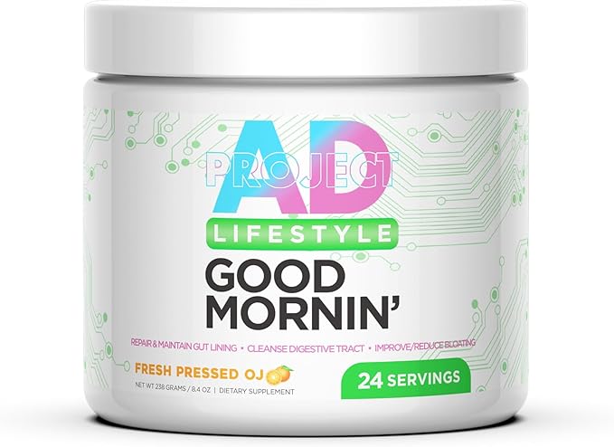 Project AD Life Good Morning Detox and Performance Drink, Naturally Flavored and Formulated with L-GLutamine, Apple Cider Vinegar, and Aloe Vera (24 Servings, Fresh Pressed Orange Juice)