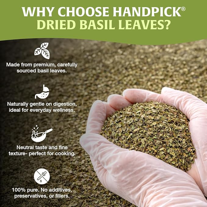 HANDPICK Dried Basil Leaves 40 Servings (100g/ 3.5oz) Non GMO, Gluten Free, 100% Raw Whole Tulsi Leaf, Sourced from India, Premium Quality, Packed in Resealable Ziplock Pouch