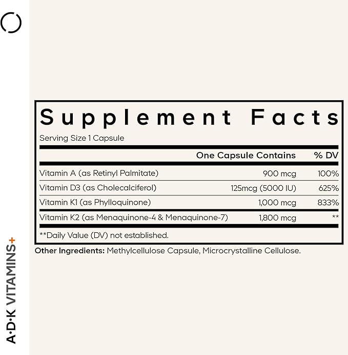 Codeage ADK Vitamins Supplement - Essential Vitamin A, D3 5000 IU, K1 & K2 (MK4 & MK7) - 6-Month Supply - 1 Capsule per Serving, Non-GMO, Gluten-Free - 180 Capsules