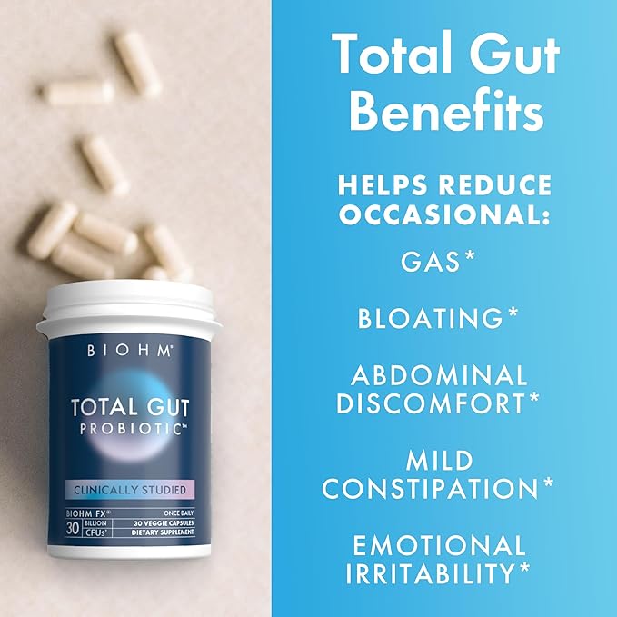 BIOHM Total Probiotic, 30 Billion CFU Daily Probiotics for Women & Men (30 Count) Helps Reduce Occasional Gas & Bloating, Supports Digestion & Total Gut Health, Non-GMO, Vegan