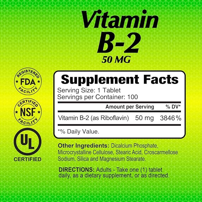 ALFA VITAMINS Vitamin B2 (Riboflavin) 50mg Supplement, Supports Energy Production, Skin, Eyes & Cognitive Health, Non GMO, Gluten Free, Dietary Supplement for Daily Health and Well-Being 100 Tablets
