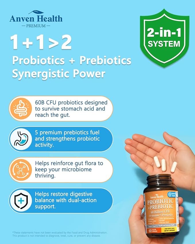 60 Billion Probiotic and Prebiotic for Women and Men - 19 Strains 5 Organic Prebiotics for Gut Digestive & Immune Health, Supports Diarrhea Gas Bloating, Non-GMO – Made in USA丨60 Caps